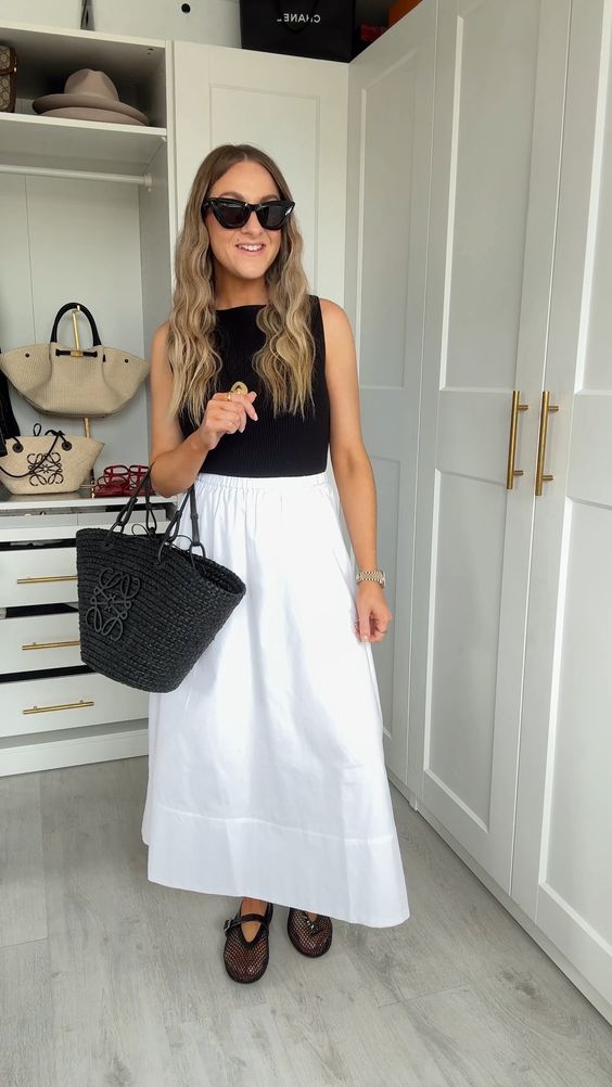 Black Tank Top and White Maxi Skirt